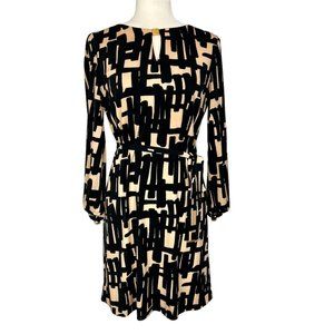 Tahari Womens Long Sleeve Belted Dress Tan Black Abstract Geo Print size 2